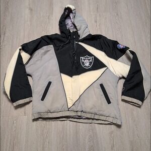 Vintage 90s Pro Player Oakland Raiders NFL Puffer Jacket Black Gray Cream Size L